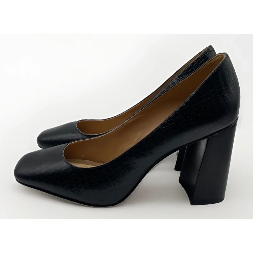 Nine West Block Heel Croc Embossed Black Leather Pumps Women's Size 9.5 M